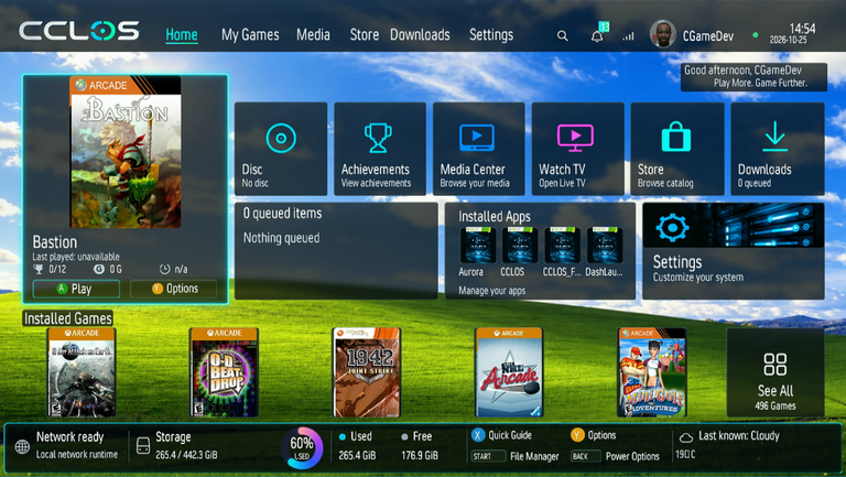 Actual CCLOS Home interface: game collection, Media Center, Watch TV, Store, Downloads, Settings and console status