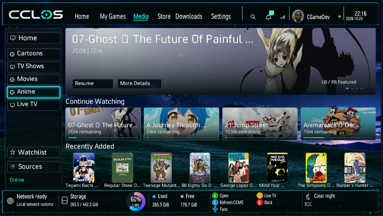 Actual CCLOS Media Center with category navigation, featured media, Continue Watching and Recently Added rows